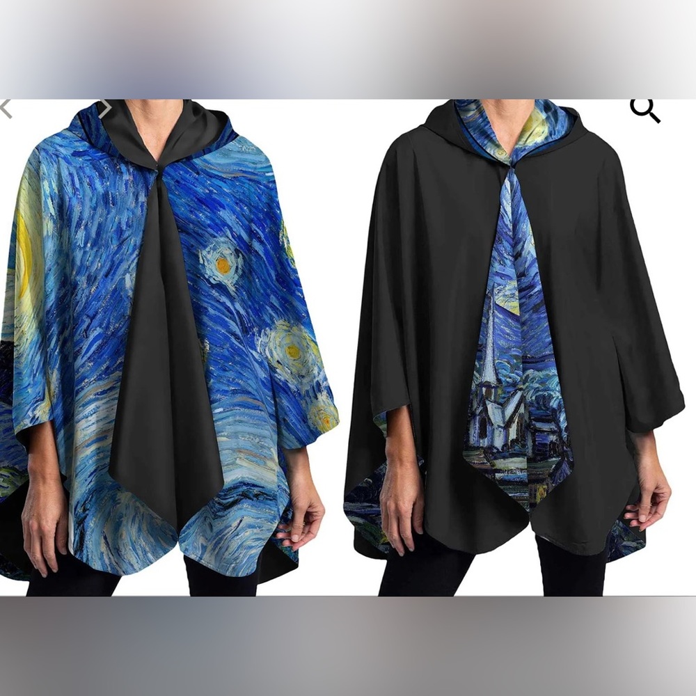 Rain Capper dot com Starry Night Van Gogh Reversible Solid Black Hooded Cape